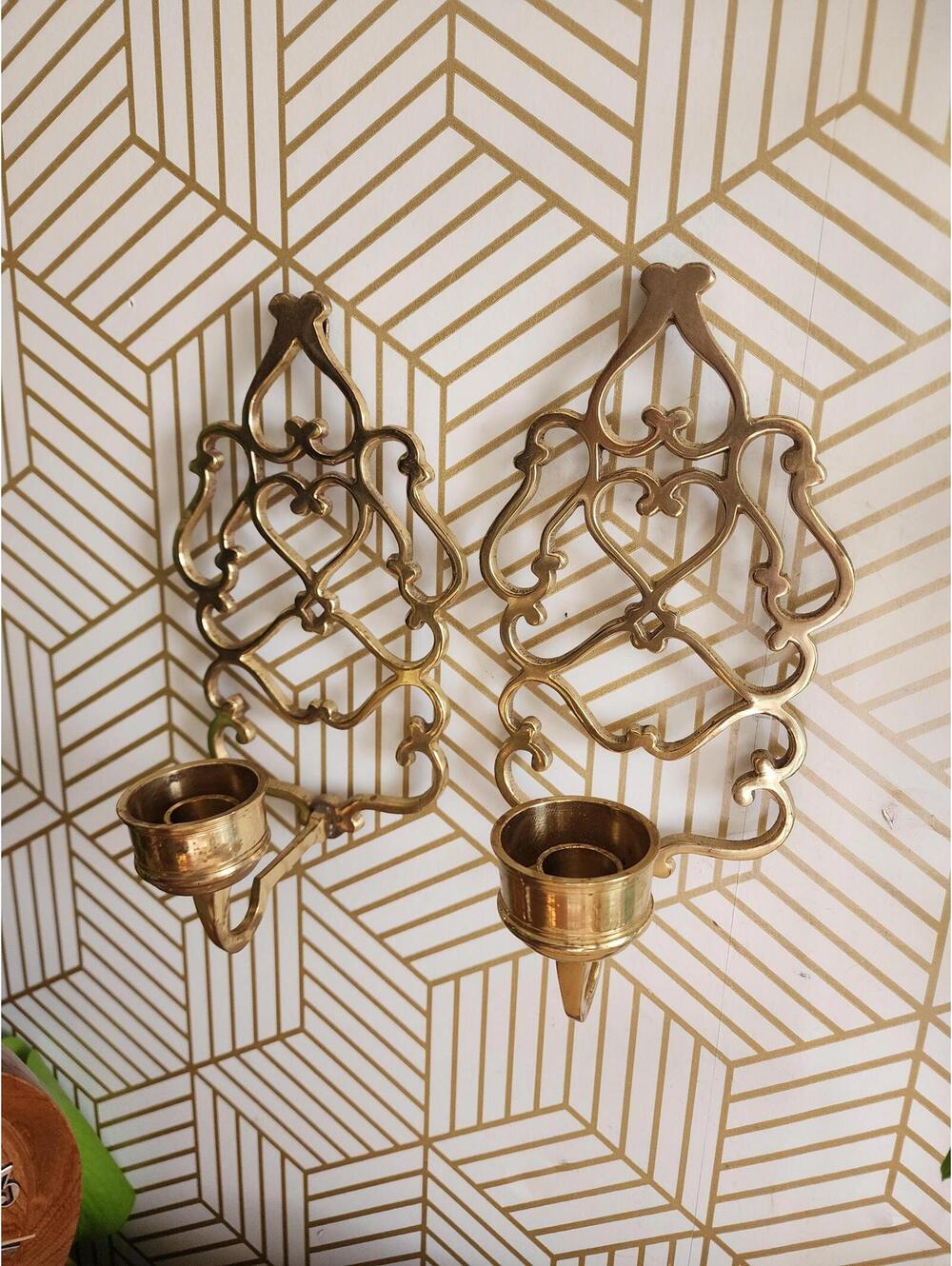 Vintage Laquered Brass Wall Sconce Candle Holder Mid Century Hollywood Regency